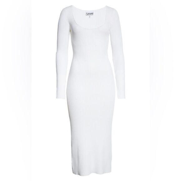 NWT GANNI Ribbed Mélange Knit Long Sleeve Midi Dress White size L - Picture 5 of 8